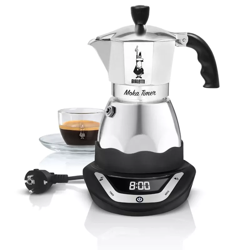 Elektriskā moka kafijas automāts BIALETTI Moka Timer 3 tases, programmējams LED displejs, alumīnija korpuss