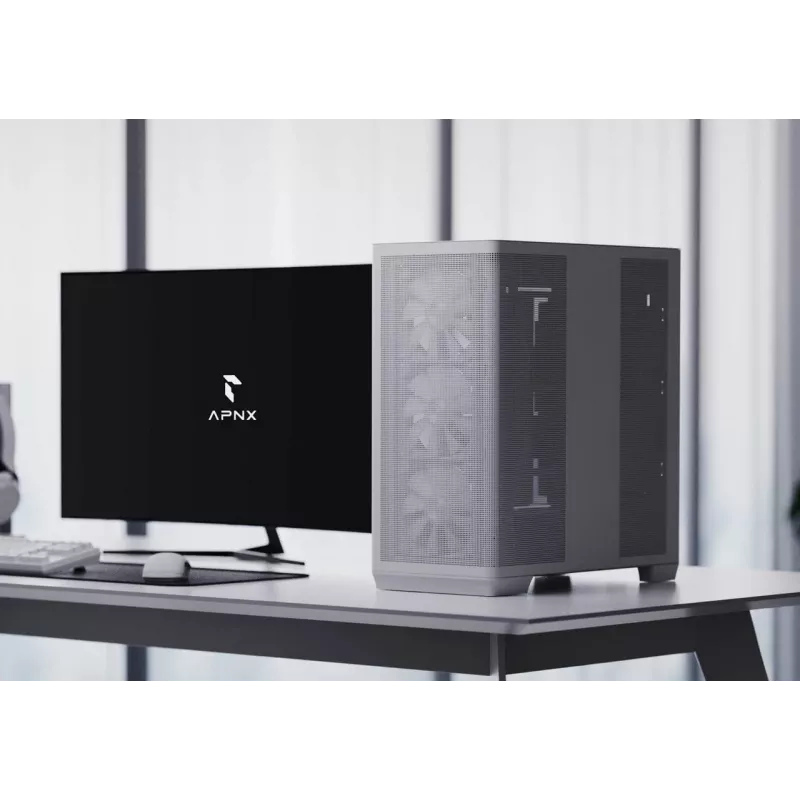 APNX PC Midi Tower C1-R-WT-v1 — Balts, ATX/Micro-ATX/Mini-ITX, 3x120 mm priekšējie ventilatori, 3x3.5 inch + 3x2.5 inch sloti, USB 3.2 Gen1 x2