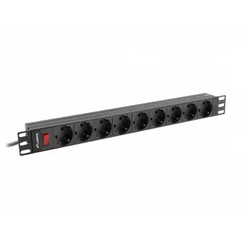Strāvas sadales bloks LANBERG PDU-09F-0300-BK — 9x F tipa ligzdas, 3 m kabelis, alumīnija korpuss, 10 A