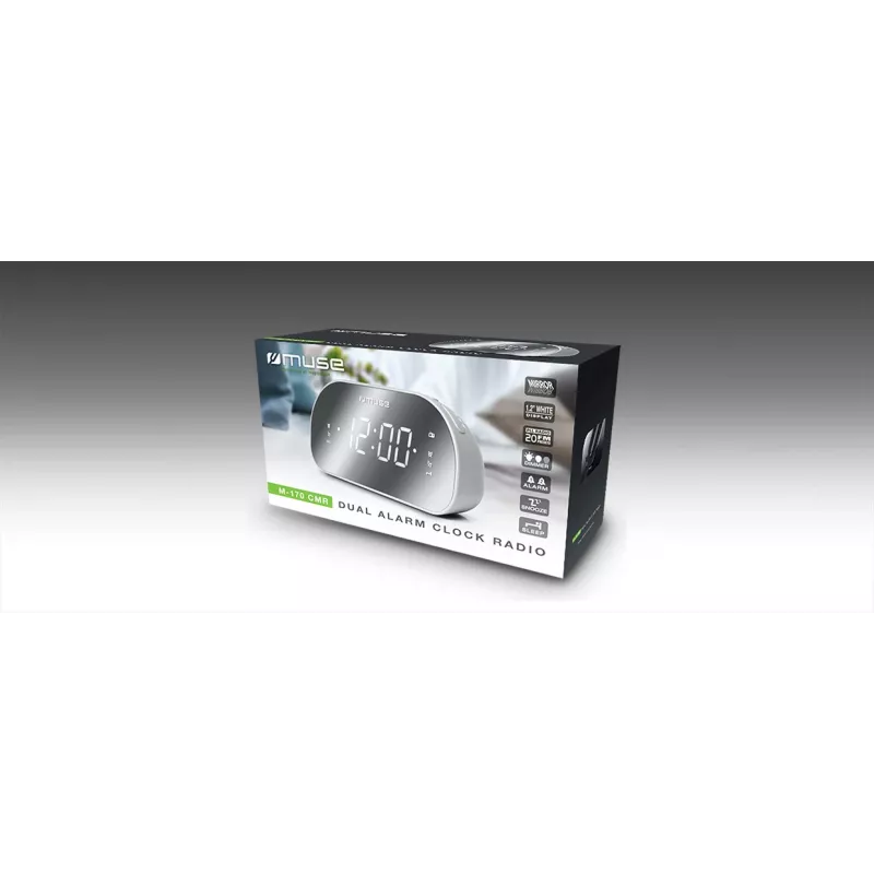 Modinātājpulkstenis Muse M-170CMR — digitālais radio pulkstenis ar 1,2 collu LED displeju, FM uztvērēju, 230V barošanu un AAA rezerves baterijām, spoguļa/baltā krāsā