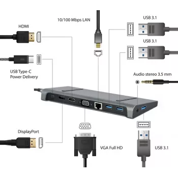 Doku klēpjdatoram Gembird A-CM-COMBO9-02 USB 3.2 Gen 1 Type-C, HDMI, VGA, 3×USB-A, Gigabit Ethernet, 87W PD, Pelēka