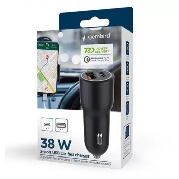 Auto lādētājs Gembird TA-UC-AC2PDQC38-CAR-01, USB-C, 38W, 12–24V, melns