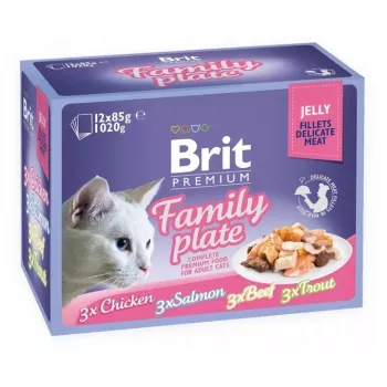 Slapjā barība kaķiem Brit Premium Family Plate Filejas želejā — Jauktas garšas, 12 x 85 g paciņa