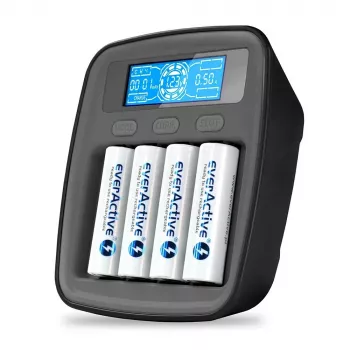 Lādētājs akumulatoriem everActive NC1000MV2 — Ni‑MH 4‑slot USB‑C lādētājs, 4 šūnas, 5V, melns, 110×99×38 mm