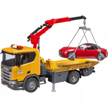 BRUDER Scania Super 560R – Ceļmalas palīdzības komplekts ar automašīnu Roadster