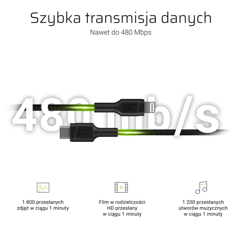 Lightning uz USB‑C kabelis Green Cell KABGC07, 1 m, melns