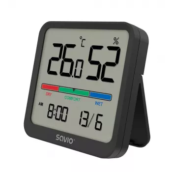 Iekštelpu temperatūras un mitruma sensors SAVIO CT-01/B brīvstāvošs, LCD, -10–55°C, 10–99% RH, CR2032