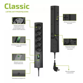 EVER CLASSIC 5x E-ligzdas pārsprieguma aizsardzības pagarinātājs, 250 V, 1,5 m, 175 J, ar slēdzi