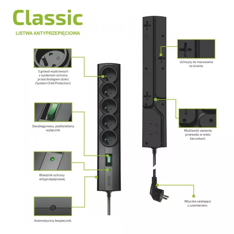 EVER CLASSIC T/LZ09-CLA015/0000 pagarinātājs ar pārsprieguma aizsardzību, 5 E tipa ligzdas, 250 V, 1,5 m vads, ar slēdzi, aizsardzība pret bērniem, melns