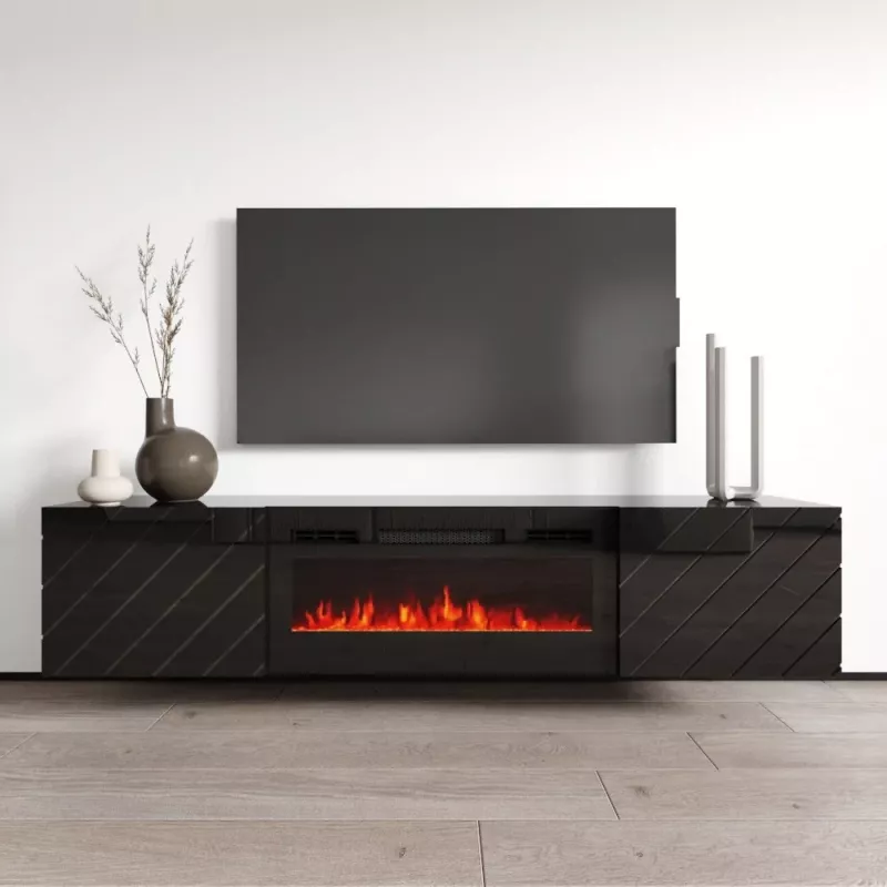 TV skapis cama meble LUXE 301126 ar iebūvētu elektrisko kamīnu, 182.6×34.5×37.5 cm, melns spīdums