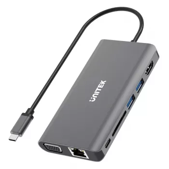 UNITEK uHUB O8+ vadu USB 3.2 Gen 1 Type-C centrmezgls, pelēks, 100W Power Delivery