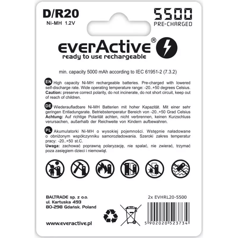 Akumulators everActive EVHRL20-5500 D NiMH 1.2V 5500mAh, 2 gab.