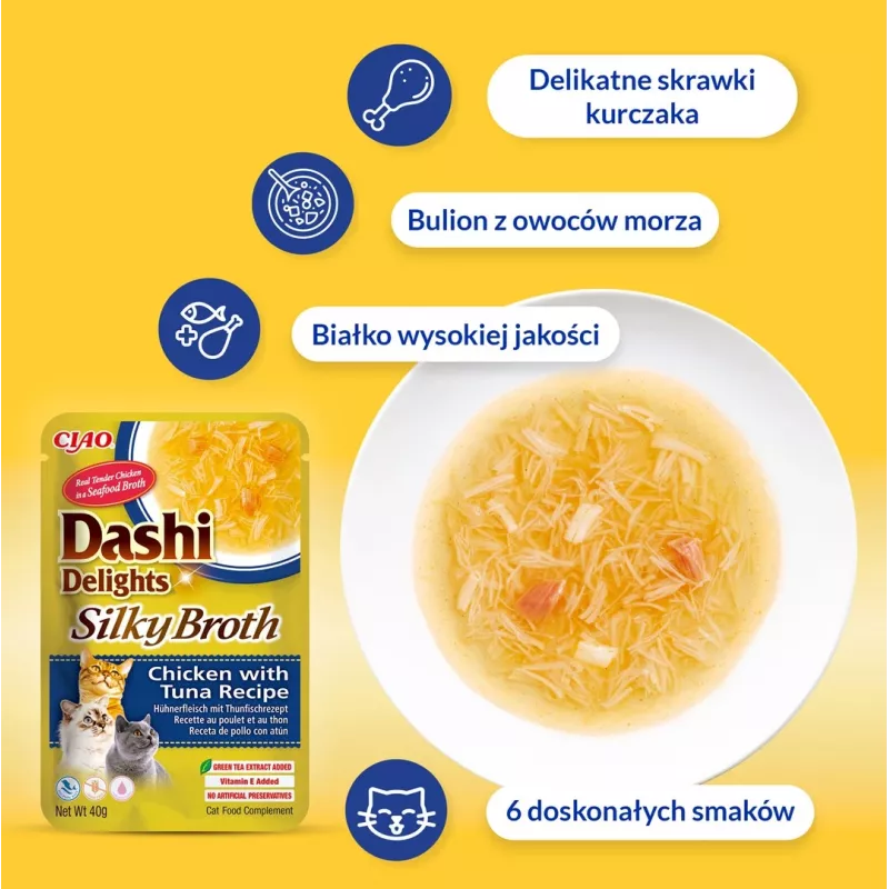 Slapjš kaķu gardums INABA Dashi Delights Silky Broth — Vistas gaļa ar tunzivi un lasi, 40 g paciņa, 93% mitrums, gremošanas atbalsts