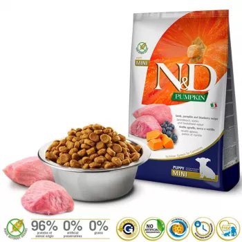 FARMINA N&D GF PUMPKIN LAMB&BLUEBERRY PUPPY MINI - sausā barība suņiem - 7kg
