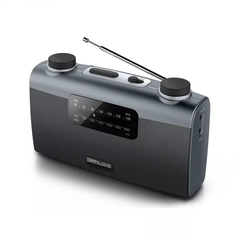 Pārnēsājamais radio Muse M-058 R — AM/FM, skaļuma regulators, baterijas vai 230V tīkls, melns/pelēks