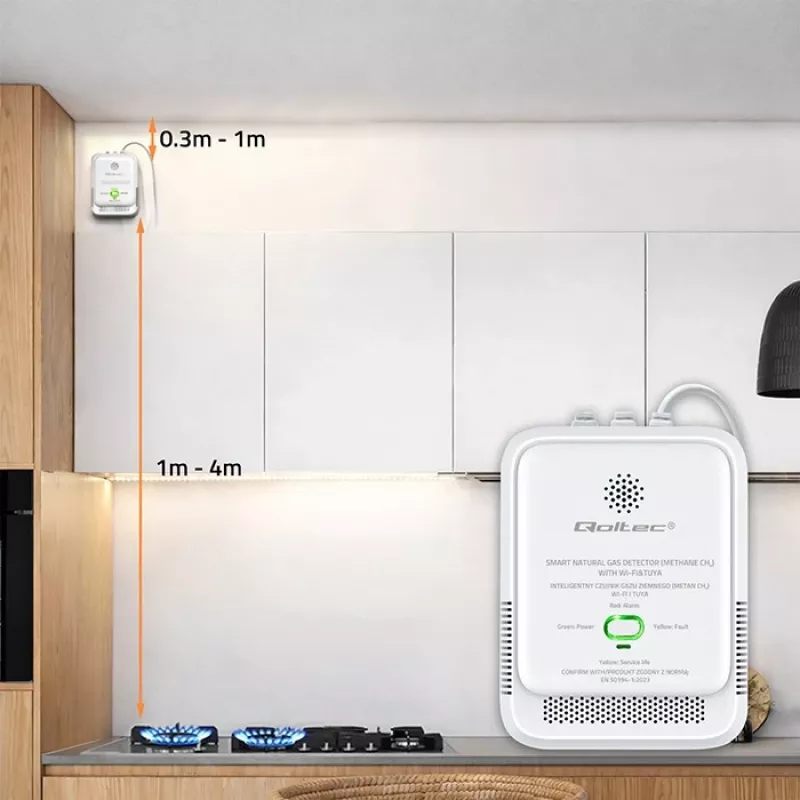 Gāzes noplūdes detektors QOLTEC NG Tuya — dabasgāzes (CH4) sensors, vieds Tuya-saderīgs