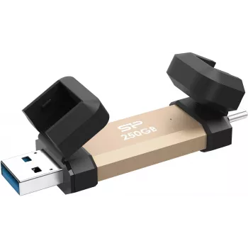 USB zibatmiņa Silicon Power DS72 250 GB, USB 3.2 Gen 2 Type-A / Type-C, alumīnijs/gumijas vāciņš, zelts