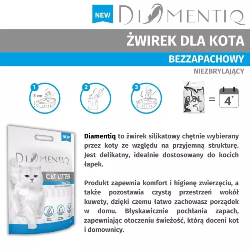 Kaķu pakaiši DIAMENTIQ Neutral klājošie silikona granulas 30 L — bez smaržas, 1–6 mm