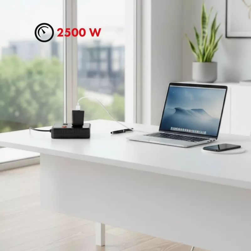 Pagarinātājs MACLEAN MCE387 B — 2 kontaktligzdas, 3×USB A, 110–240V, 1,5 m vads, max 2500W