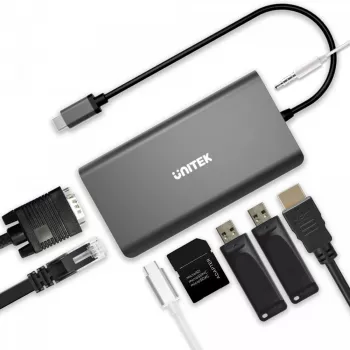 UNITEK uHUB O8+ vadu USB 3.2 Gen 1 Type-C centrmezgls, pelēks, 100W Power Delivery