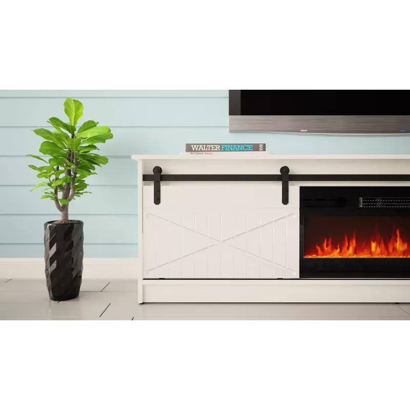 TV skapis ar elektrisko kamīnu Cama Meble GRANERO modelis RTV GRANERO + KOM B/B, 200x56.7x35 cm, balts/spīdīgi balts, 2 durvis, 2 plaukti, MDF/skaidu plātne