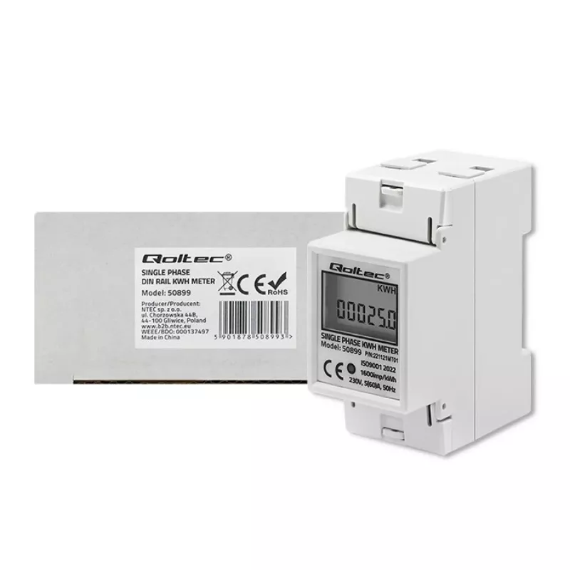 Vienfāzes elektroenerģijas skaitītājs QOLTEC 50899 230 V 50 Hz, 5(60)A, 1.0 klase, LCD