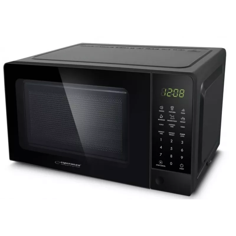 Solo mikroviļņu krāsns ESPERANZA EKO009 — 700 W, 20 L, LED displejs, skārienvadība, 24,5 cm stikla pagrieziena galds, melna