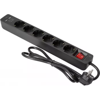 Pagarinātājs EUROLITE ON-1 6 kontaktligzdas ar 2 USB portiem, aizsardzība pret pārspriegumu