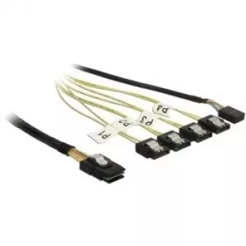 Iekšējais Mini SAS uz 4×SATA kabelis DELOCK 0.5 m — Mini SAS SFF-8087 uz 4×SATA 7p, Melns/Sudrabs/Dzeltens