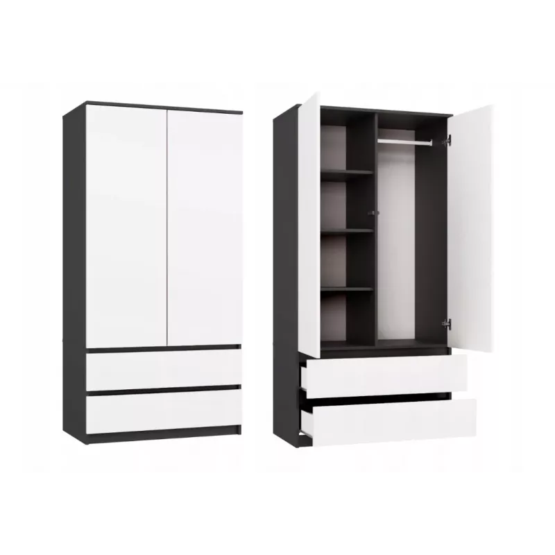 Drēbju skapis MALWA SS-90, 90×180×50 cm, antracīts rāmis, baltas veramas durvis, 2 atvilktnes, laminēta skaidu plate 16 mm