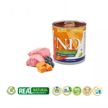 Slapjā suņu barība Farmina N&D Lamb Pumpkin Blueberry Adult 285 g kārba, pilnvērtīga pieaugušo formula, 75% mitrums, 11% olbaltumvielas, 7% tauki