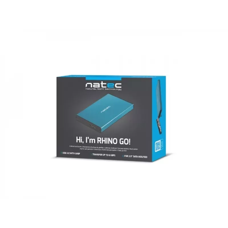 Ārējais HDD/SSD korpuss NATEC Rhino GO 2.5 collas — USB 3.0, SATA III, līdz 4 TB, 9.5 mm, alumīnijs, zils
