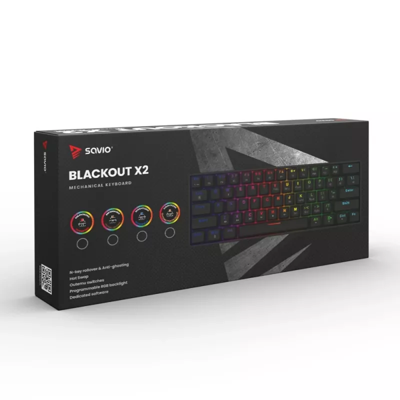 Mehāniskā spēļu tastatūra SAVIO BLACKOUT X2 PEACH — 61 taustiņš 60% QWERTY, RGB LED, hot-swap, USB Type-A/Type-C, atvienojams kabelis