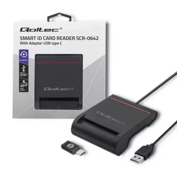 ID kartes skeneris QOLTEC Smart chip ID card scanner — USB, melns, 84.5×65×16 mm, 63 g