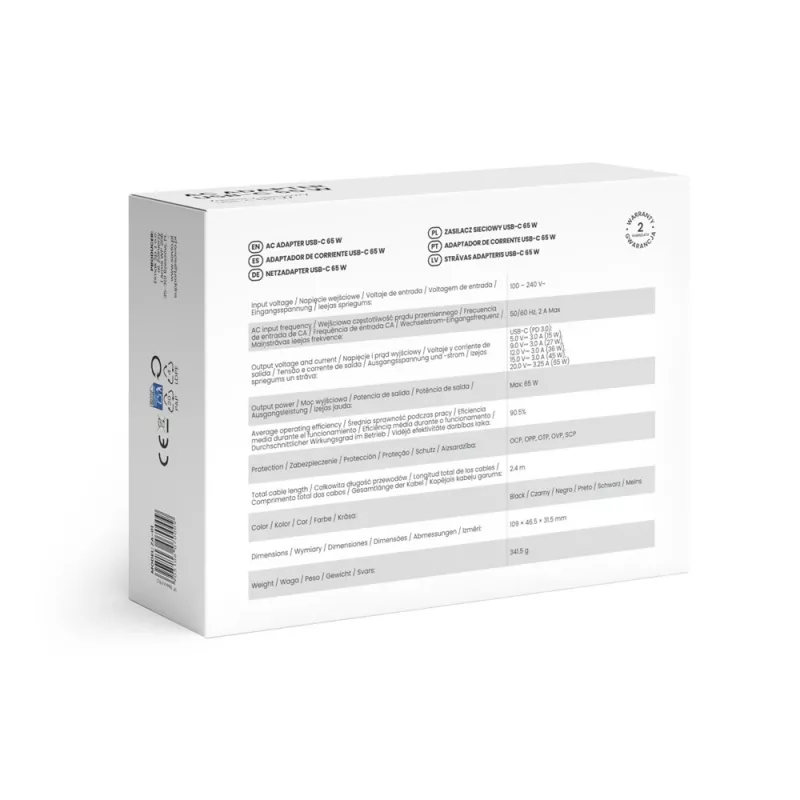 SAVIO ZA-01 iekštelpu maiņstrāvas lādētājs, 65W USB-C PD 3.0, 100–240V ieeja, viens ports, melns