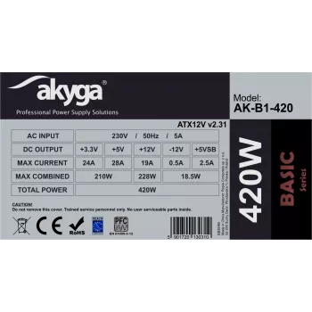 Akyga Basic AK-B1-420 ATX barošanas bloks 420 W, 120 mm ventilators, pasīvais PFC, pelēks