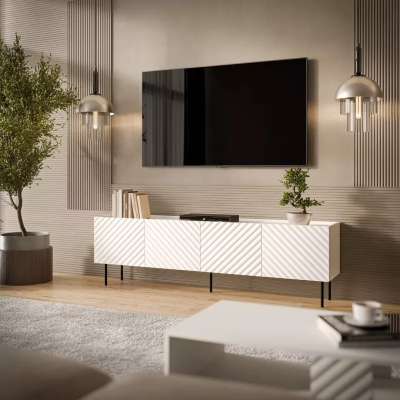 TV skapis cama meble LUCCA 4D, 2000×400×590 mm, balts, skaidu plātnes virsma