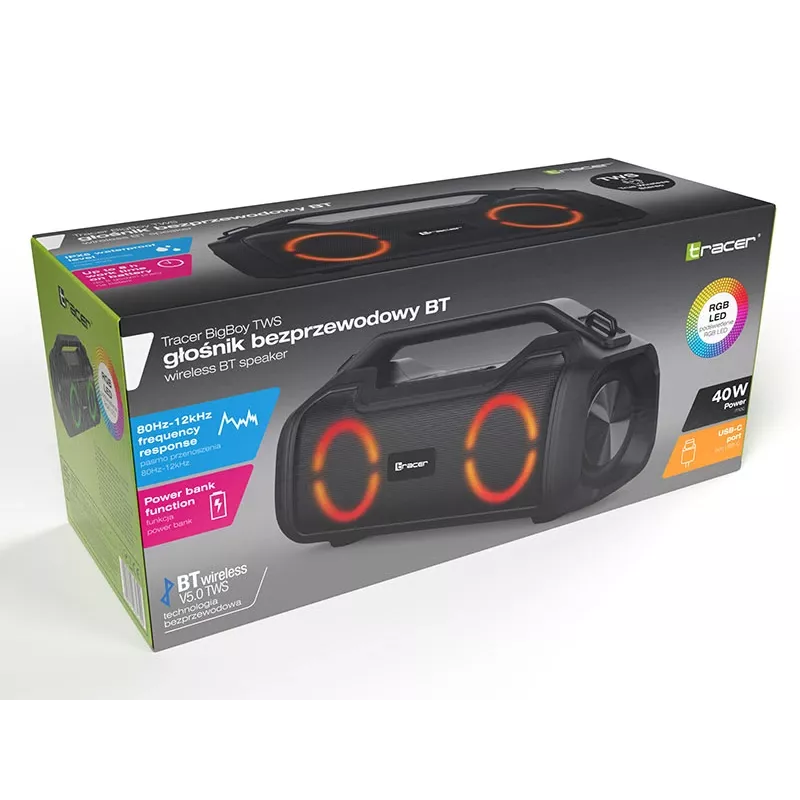 Pārnēsājams skaļrunis TRACER BigBoy TWS Bluetooth 40W RMS, Bluetooth 5.3, 12h akumulators, Melns
