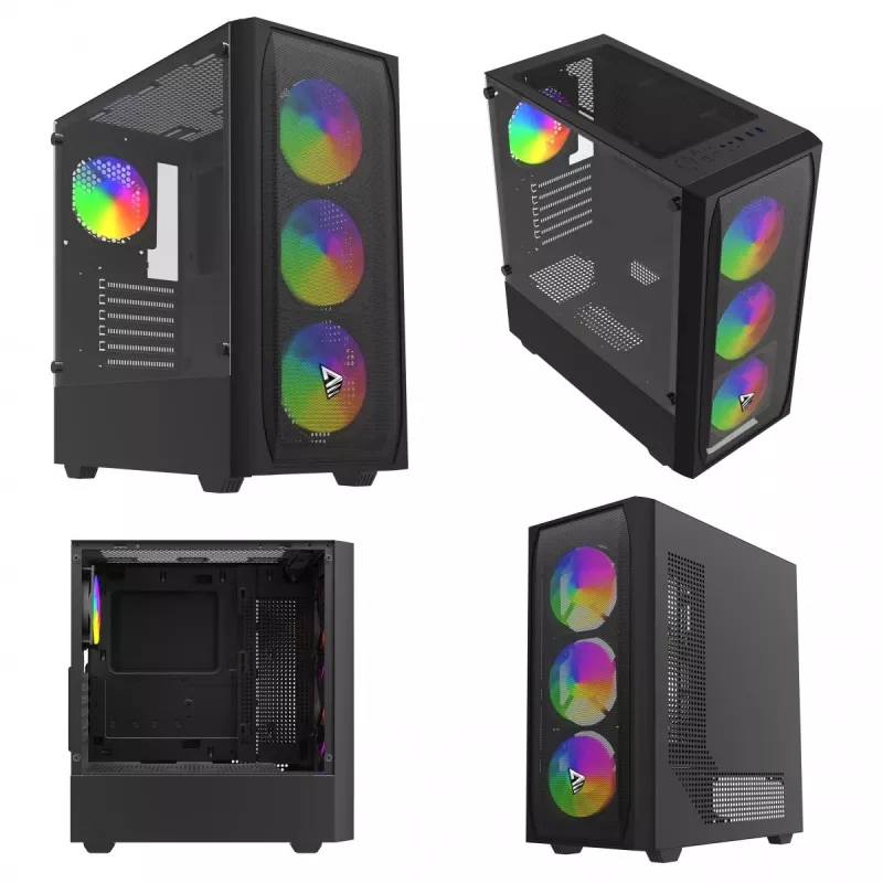 PC korpuss SAVIO Noctis Flow RGB — Cube, ATX/Mini-ITX, 3x 120 mm priekšējie ventilatori, rūdīta stikla sāns, max GPU 35 cm