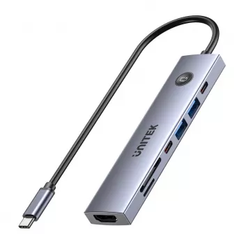 USB-C centrmezgls Unitek H1124AGY01 ar 100W PD, HDMI 2.0, 2x USB-A, 2x USB-C, SD/microSD lasītāju — alumīnijs