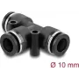 Pneimatiskais T‑savienotājs DELOCK 10 mm ar diviem montāžas caurumiem, melns metāls/plastmasa, iekšējā vītne, 55 mm