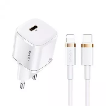USAMS T36 mini USB-C tīkla lādētājs, 20 W, PD 3.0, ar 1 m USB-C – Lightning kabeli