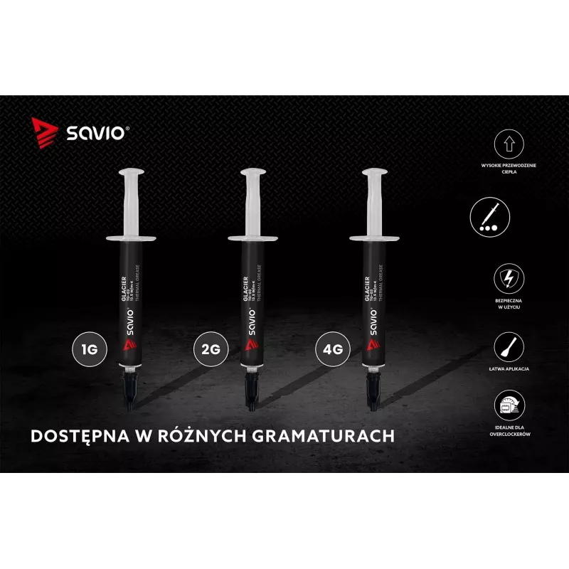 Termopasta SAVIO TG-03 1 g — 13,5 W/m·K, pelēka, ar aplikatoru un lāpstiņu