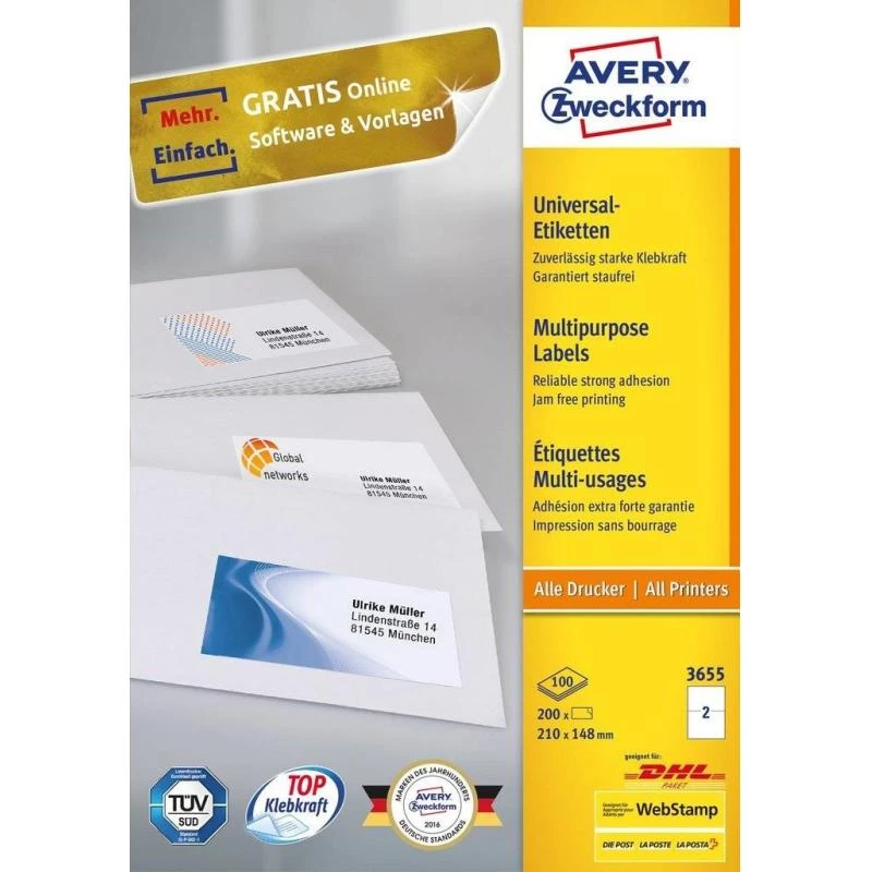 Avery 3655 pašlīmējošā etiķete Taisnstūra Pastāvīga Balta 200 gab.