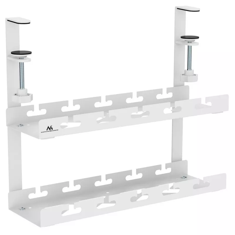 Kabeļu organizators zem galda MACLEAN MC-104 W, 2 līmeņu tērauda paliktnis, balts, max slodze 5 kg, der galdam 0.5–5 cm