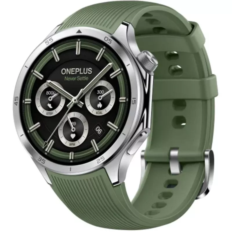 Viedpulkstenis ONEPLUS Watch 3 Emerald Titanium — 46 mm nerūsējošā tērauda korpuss, 1,5 collu AMOLED, GPS, IP68, 16 dienu akumulators, gumijas zaļa siksniņa