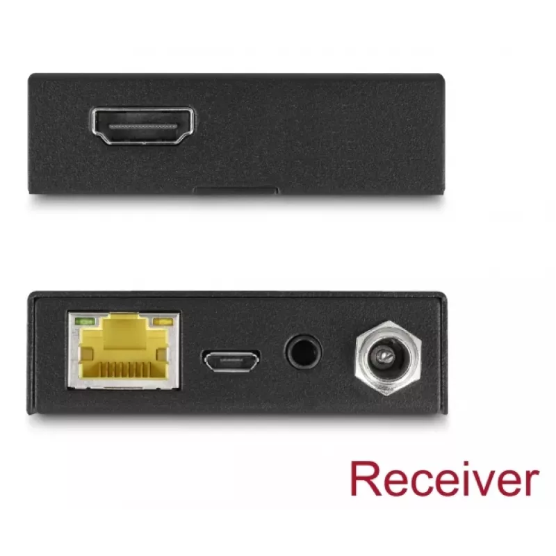 HDMI pagarinātājs DELOCK 65955 — raidītājs un uztvērējs, Cat6/Cat6a, līdz 3840×2160, vadu, Micro-USB B barošana