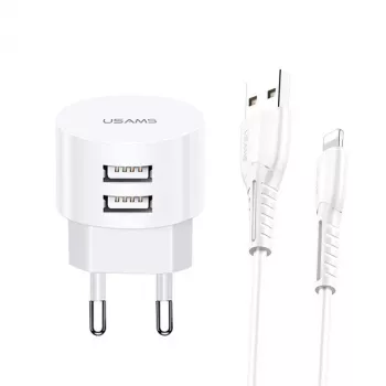 usams Charger T20 2x USB 2.1A ar Lightning kabeli — kompakts sienas lādētājs