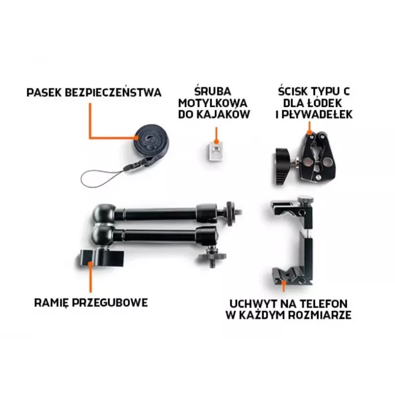 Telefona turētājs laivai un kajakam ITGAM0026 – alumīnija, regulējams leņķis, C-skava līdz 41 mm, telefona platums 65–95 mm