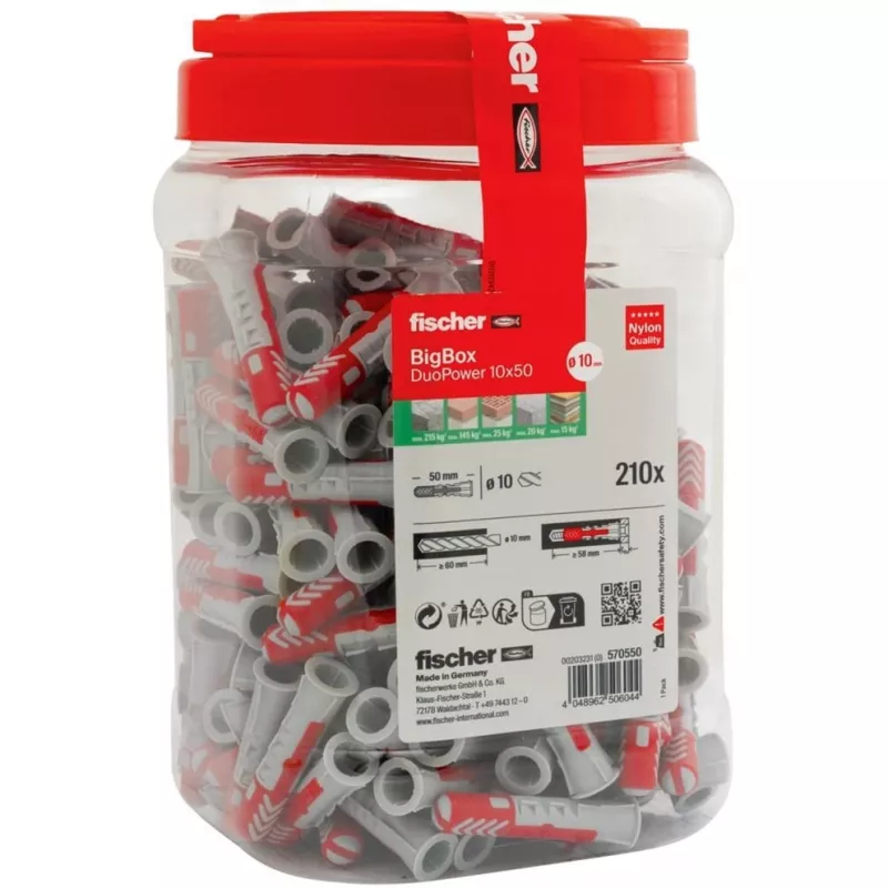 fischer Sienas dībelis DUOPOWER 10x50 BigBox gaiši pelēks/sarkans 210 gab. pārlaižams iepakojums (570550)